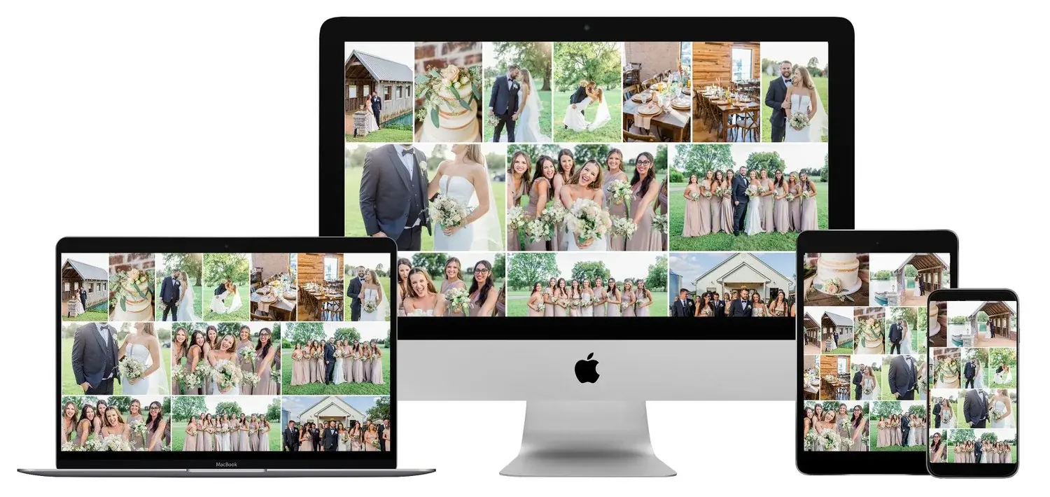 Photo gallery displayed across laptop, monitor, tablet, and phone